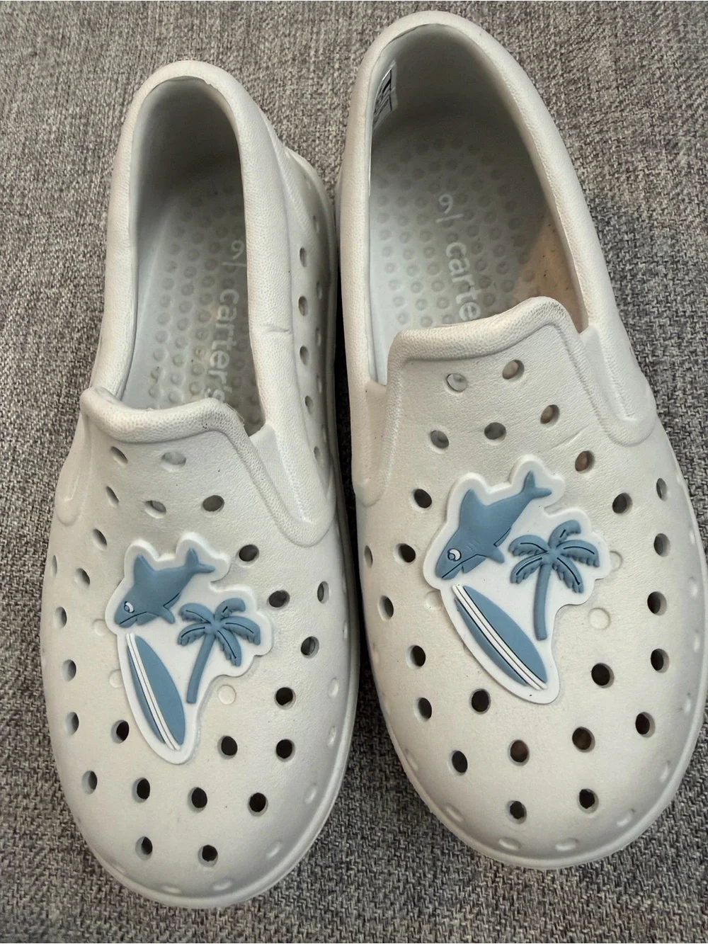 Carter's Gray Slip-On Kids Water Shoes with Blue Surf Charms Size 9 Like New